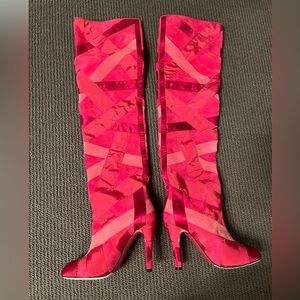 Chanel red satin over the knee boots